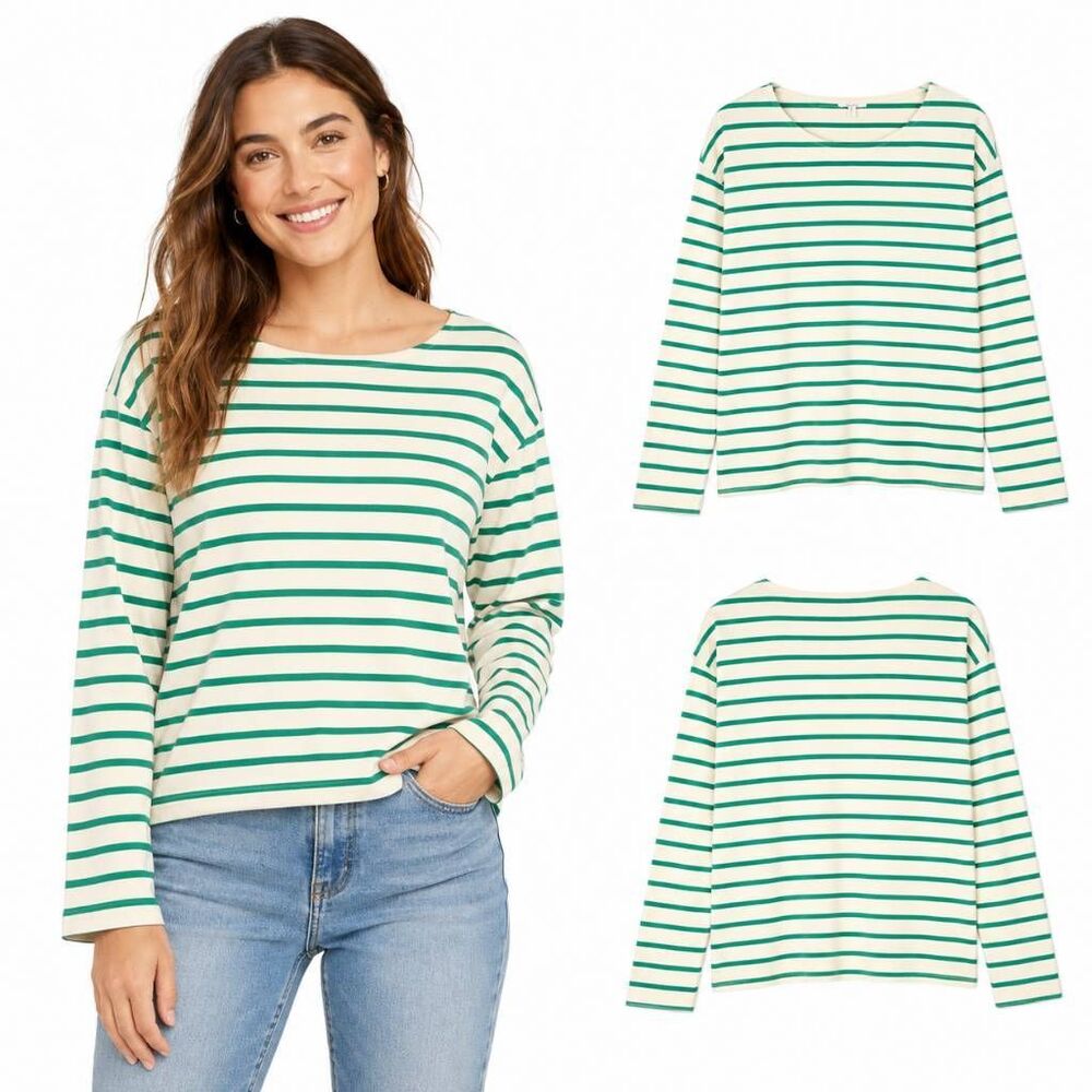 Maurices Large Green Cream Stripe Cotton Long Sleeve Top